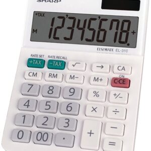 Sharp EL310WB Mini Desktop Calculator, Battery, 8 Display, LCD Display, White