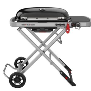 Weber Traveler 9010001 Portable Gas Grill, 13,000 Btu/hr, Liquid Propane, 1-Burner, Side Shelf Included: Yes