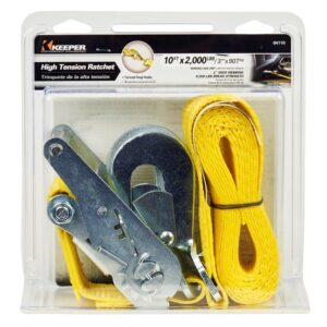 Keeper 04110 Tie-Down, 2 in W, 10 ft L, Hi-Test Webbing, Yellow, 2000 lb, Twisted Snap Hook End Fitting