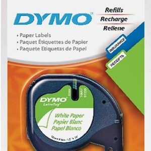 Dymo LetraTag 10697 Paper Label, 13 ft L, 1/2 in W, Black/White Legend, White Background