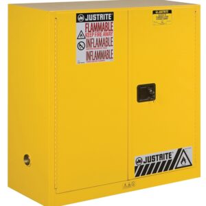 Justrite 893000 Safety Cabinet, Manual Door, 30 gal, 43 in OAW, 44 in OAH, 18 in OAD, 1-Shelf, Steel, Yellow