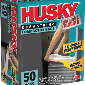 Husky HK18XDS050W Trash Compactor Bag with Drawstring, 18 gal Capacity, White, 2 ft 1-5/8 in L, 2 ft 4 in W