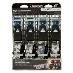 Keeper 43509 Tie-Down, 1 in W, 12 ft L, Digital Grey Camo, 500 lb, Compact S-Hook End Fitting