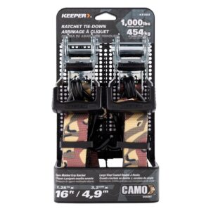 Keeper 47322 Ratchet Tie-Down with Open Handle, 1-1/4 in W, 16 ft L, Camo, 1000 lb Working Load, J-Hook End